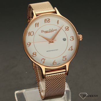 Zegarek damski BRUNO CALVANI BC3097 różowe złoto. Zegarek damski zachowany w klasycznym różowej kolorystyce z piękną białą tarczą. Tarcza zegarka ozdobiona cyframi arabskimi i wskazówkami (3).jpg